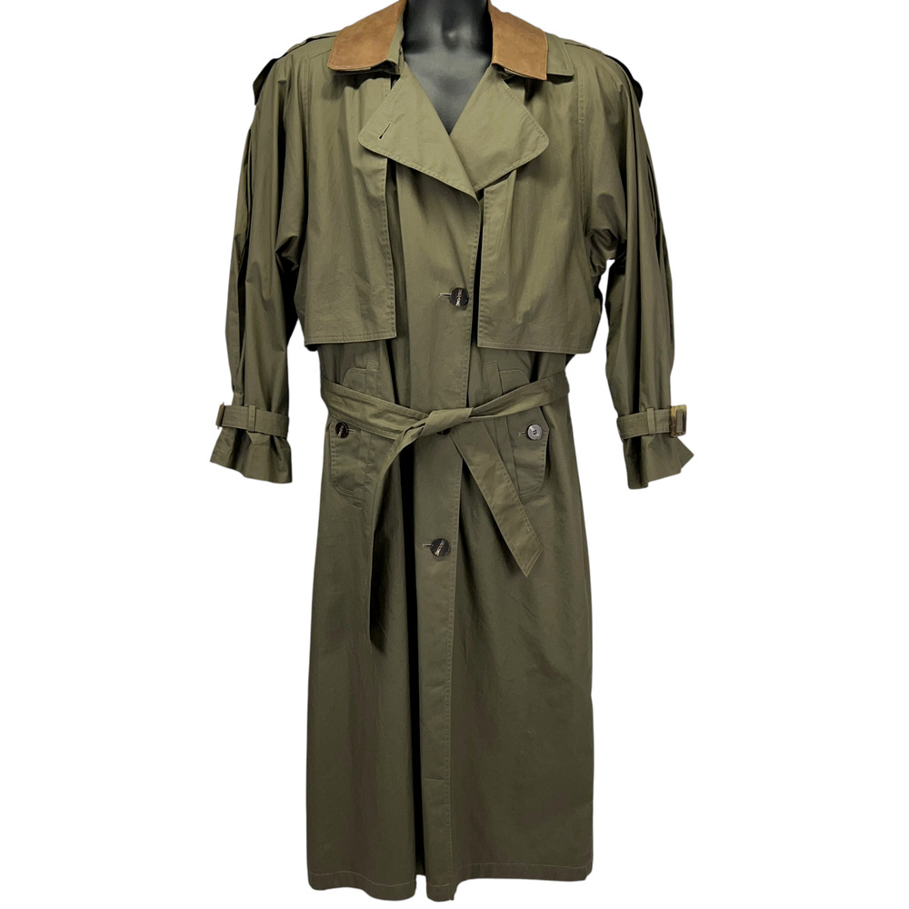 Vintage 90s Gallery Trench Coat Raincoat OD Olive Green Pockets Lined Womens 12
